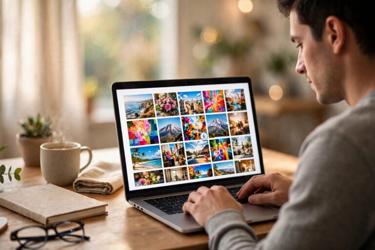 Person at a laptop showing a photo feed grid with a download arrow button on one thumbnail