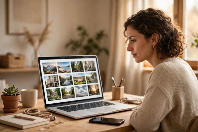 Woman at a desk comparing the best Pinterest video downloaders for PC on a laptop showing a video grid, with a phone beside it
