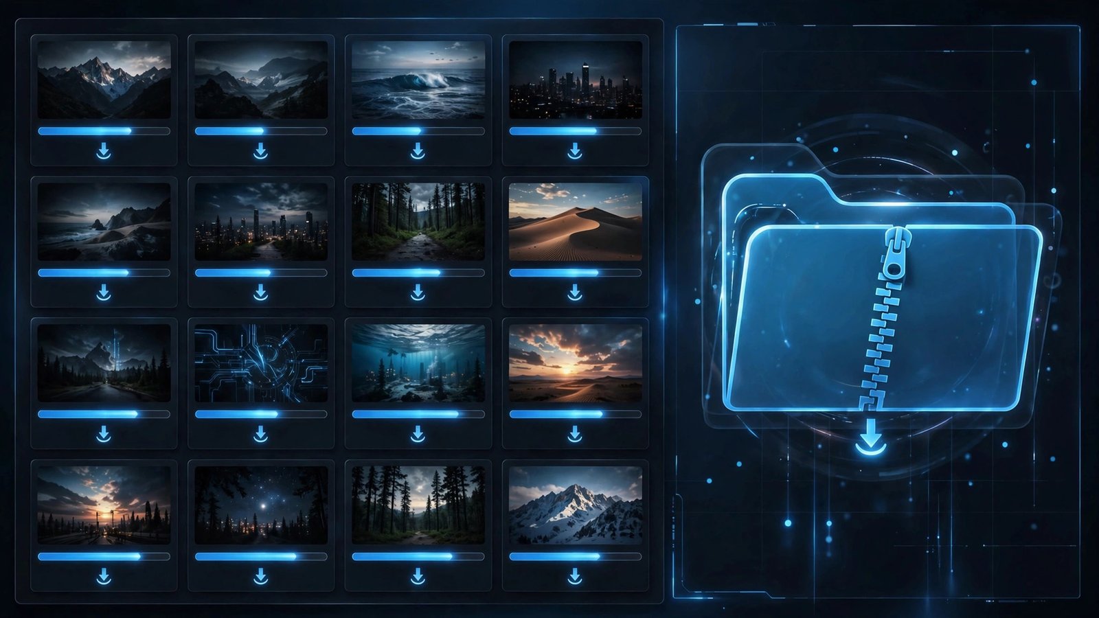 Computer screen showing video thumbnails with progress bars downloading at once beside a ZIP folder icon
