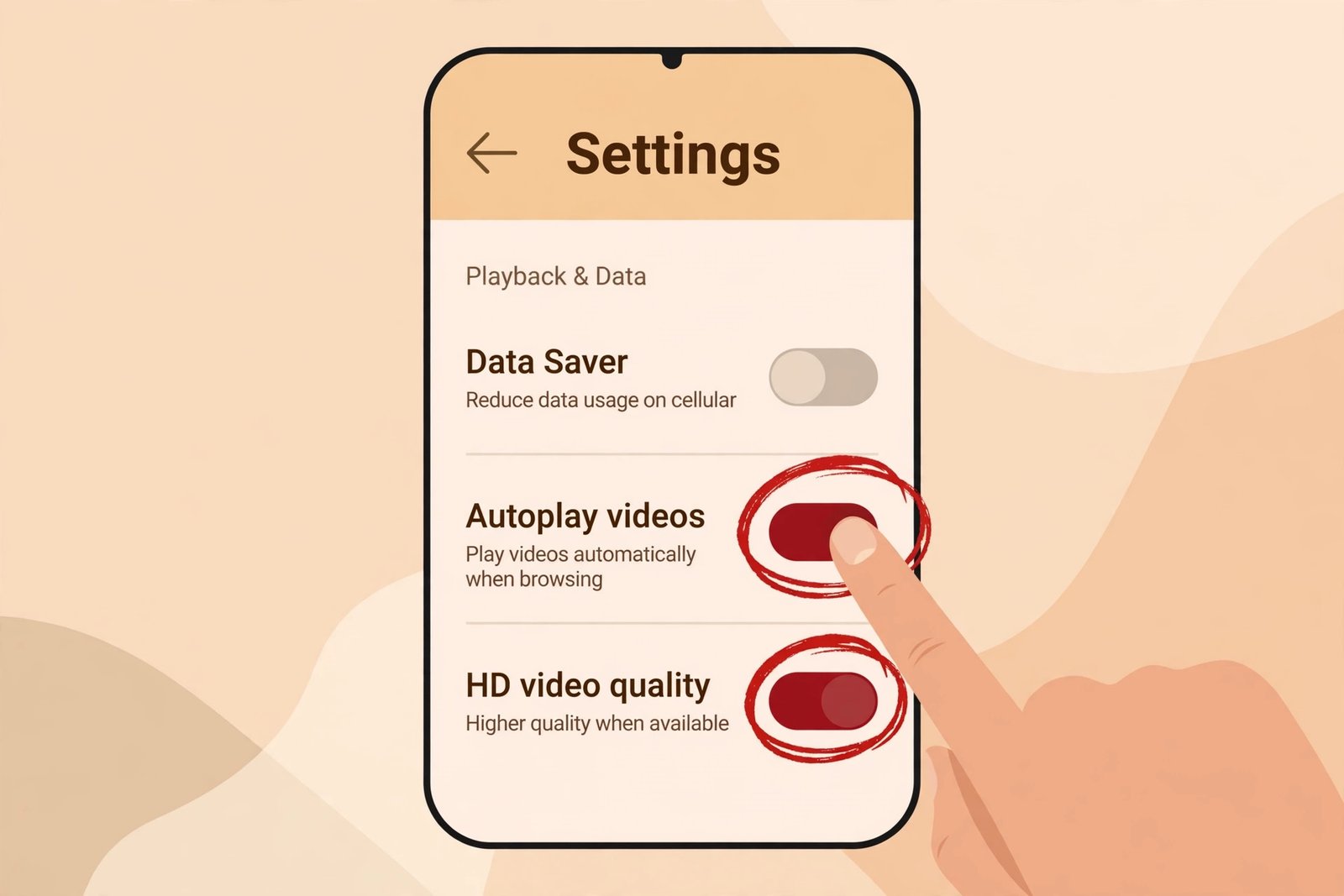 Illustration of the Pinterest app settings screen with the data saver and video quality options highlighted