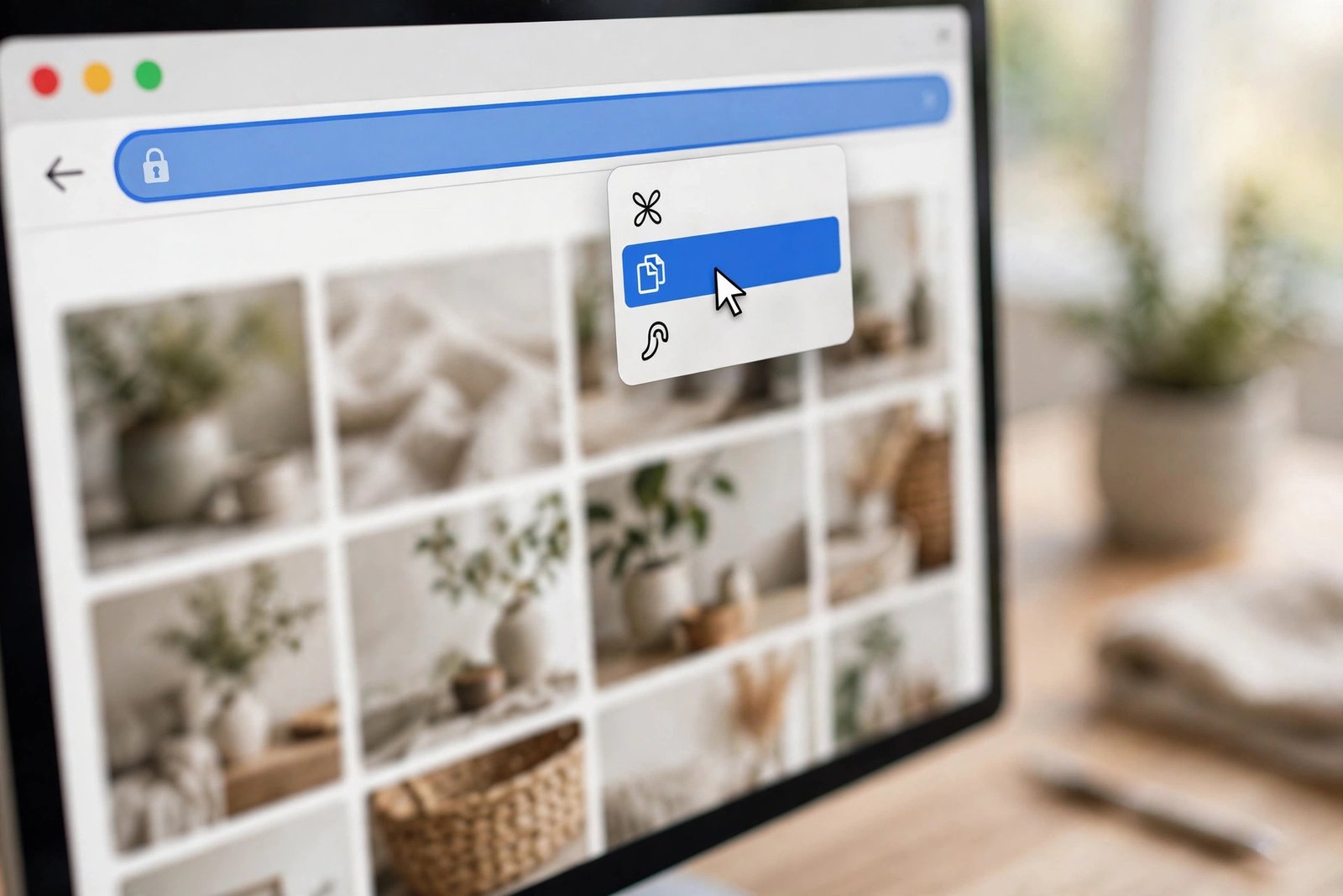 Close-up of a browser address bar with a Pinterest board URL highlighted and a cursor copying the link