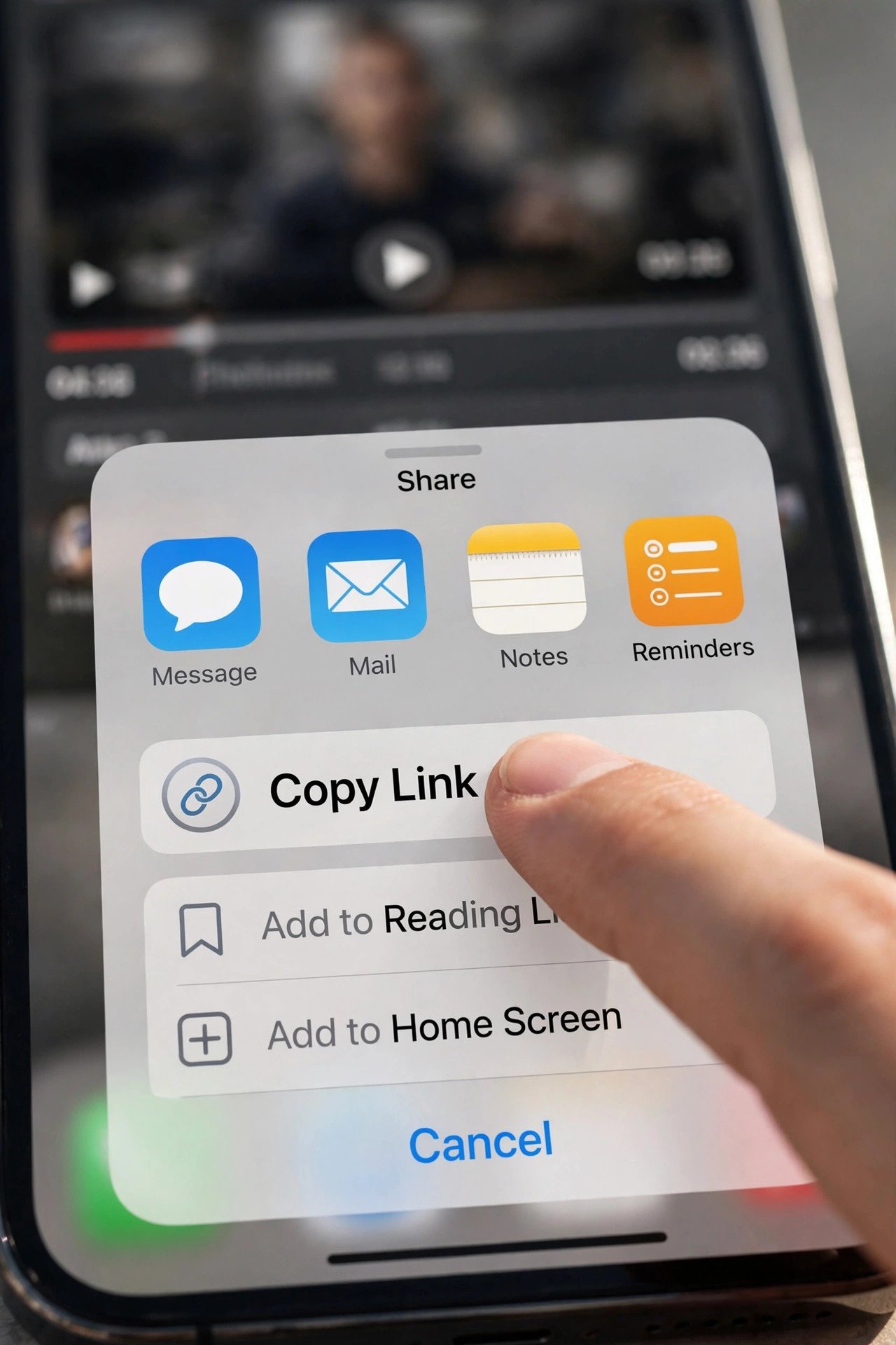 Close-up of an iPhone with an iOS-style Safari share sheet sliding up over a blurred video page, a finger tapping the clearly labeled 'Copy Link' row among the share options.