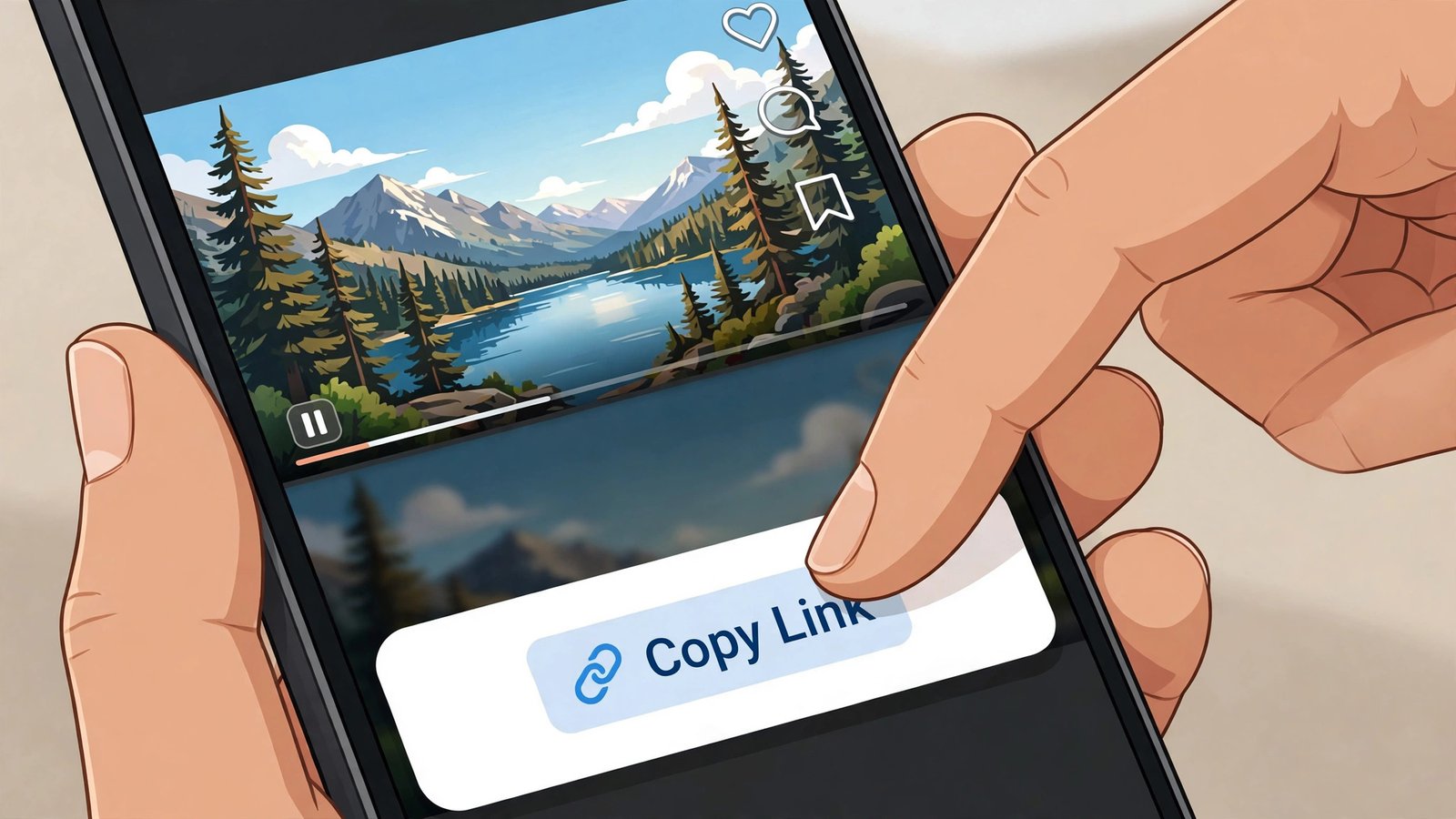 A hand holding a phone showing a video watch page with a share menu open, a finger tapping a highlighted Copy Link button.