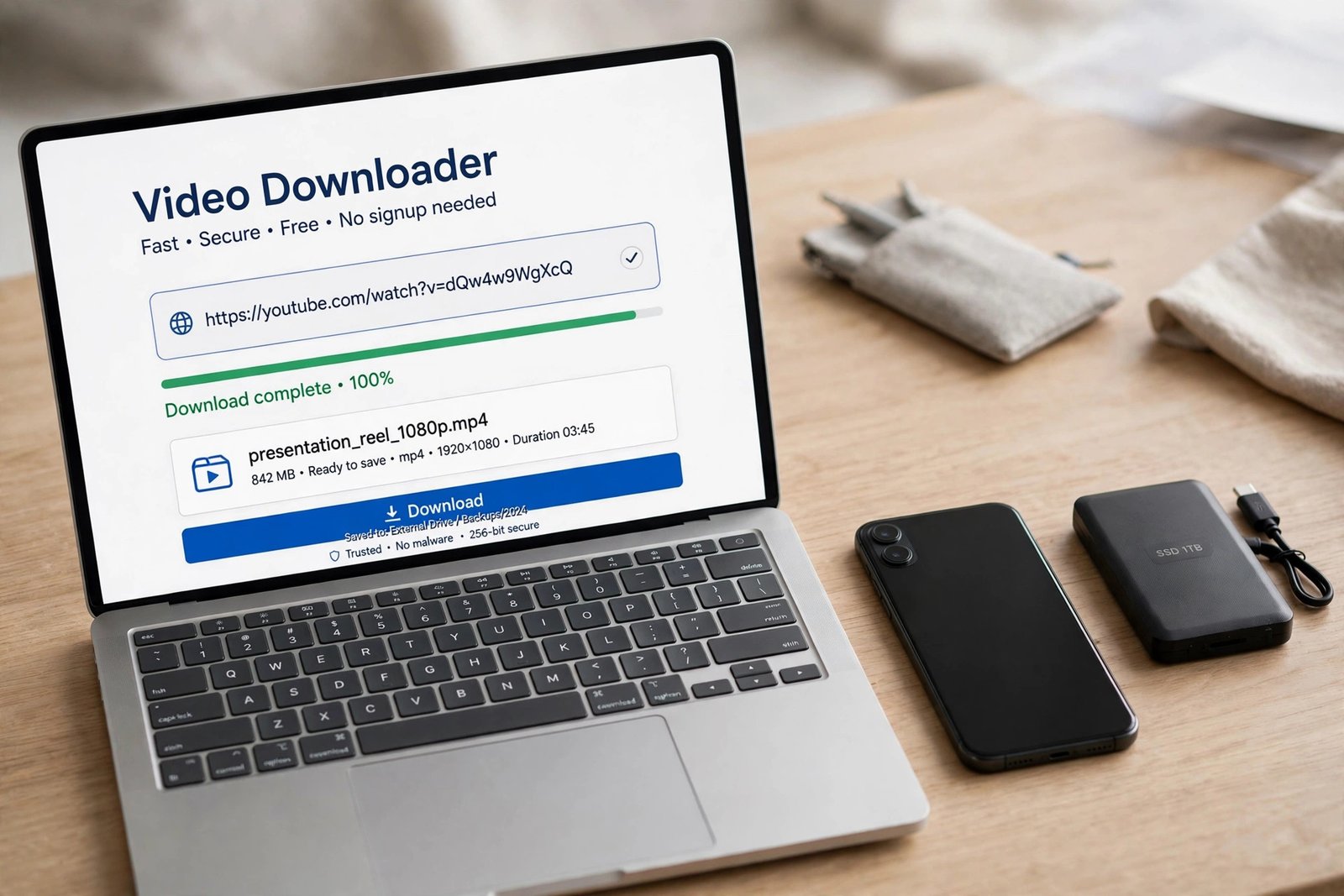 A laptop showing an online video downloader page with a completed download of an MP4 file, beside a smartphone and a 1TB external SSD drive for backup.