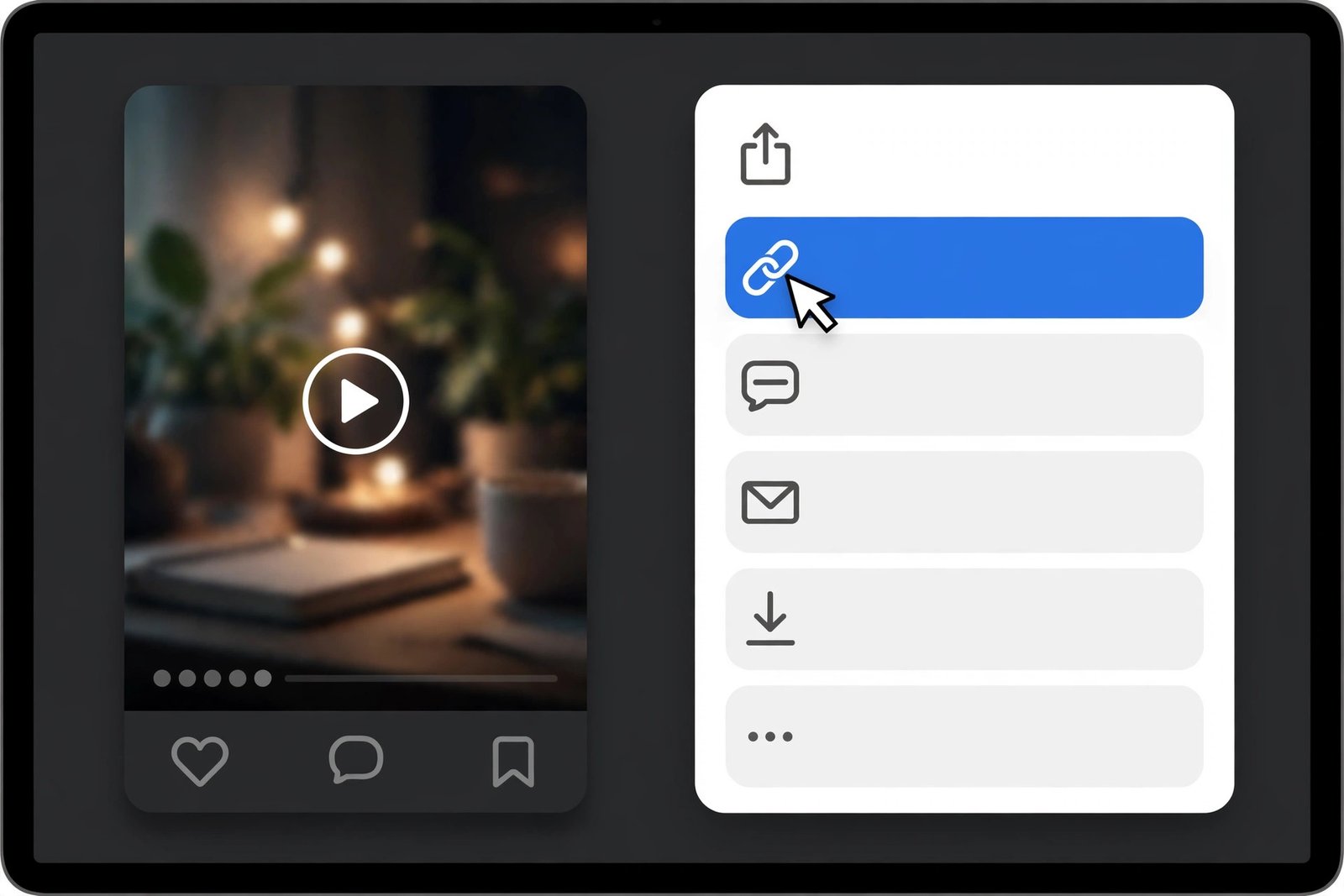 Illustration of a Pinterest-style video pin with the share menu open and the copy-link option highlighted by a cursor