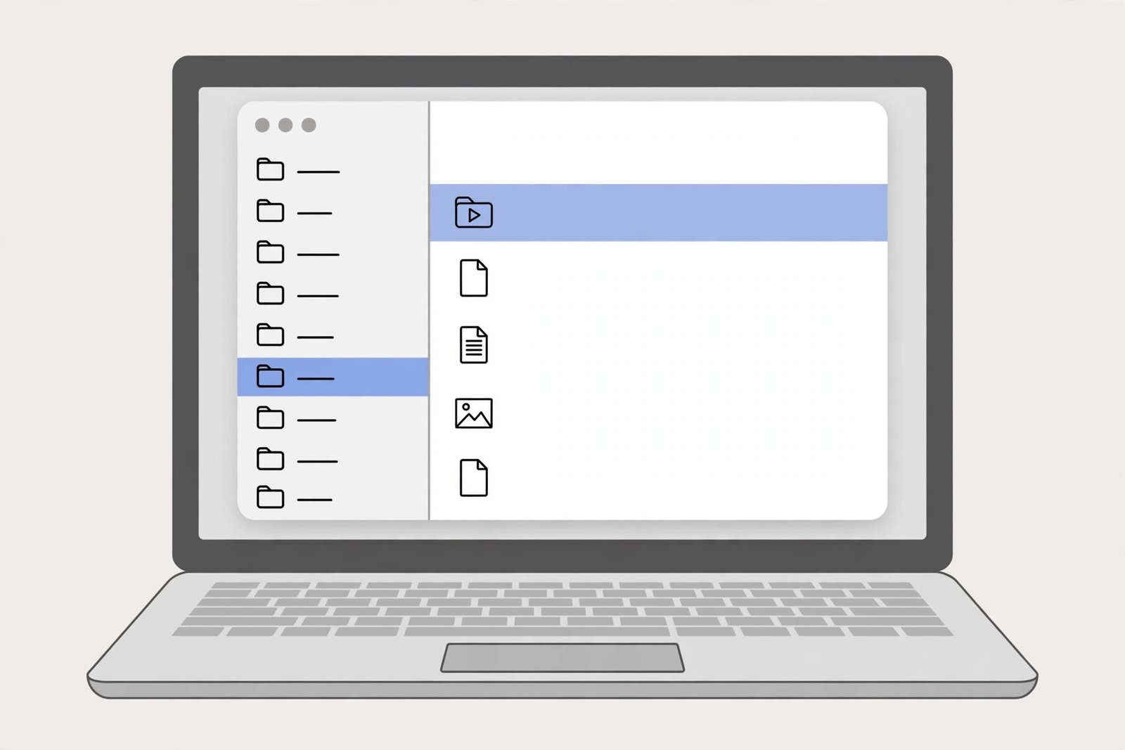 Illustration of a laptop showing a ChromeOS-style Files app with the Downloads folder and a highlighted video file