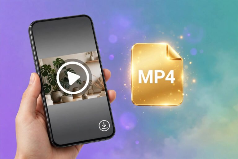 Illustration showing a Pinterest video being downloaded and saved as an MP4 file