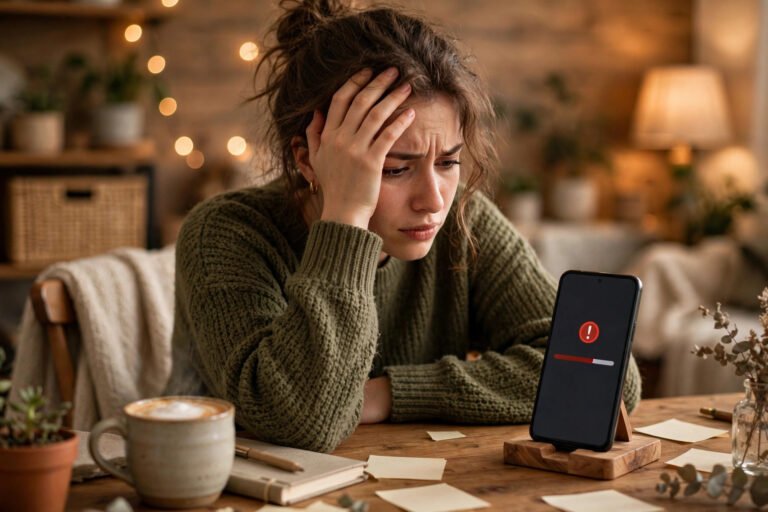 Frustrated woman looking at a phone showing a failed video download error with a stuck progress bar