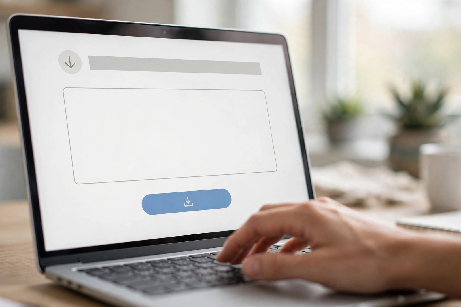 Laptop showing an online video downloader with a link input box and download button, hand on keyboard