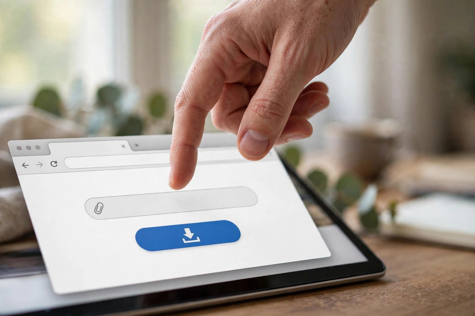 Finger hovering over a download button in a browser window with a link-paste field on a tablet
