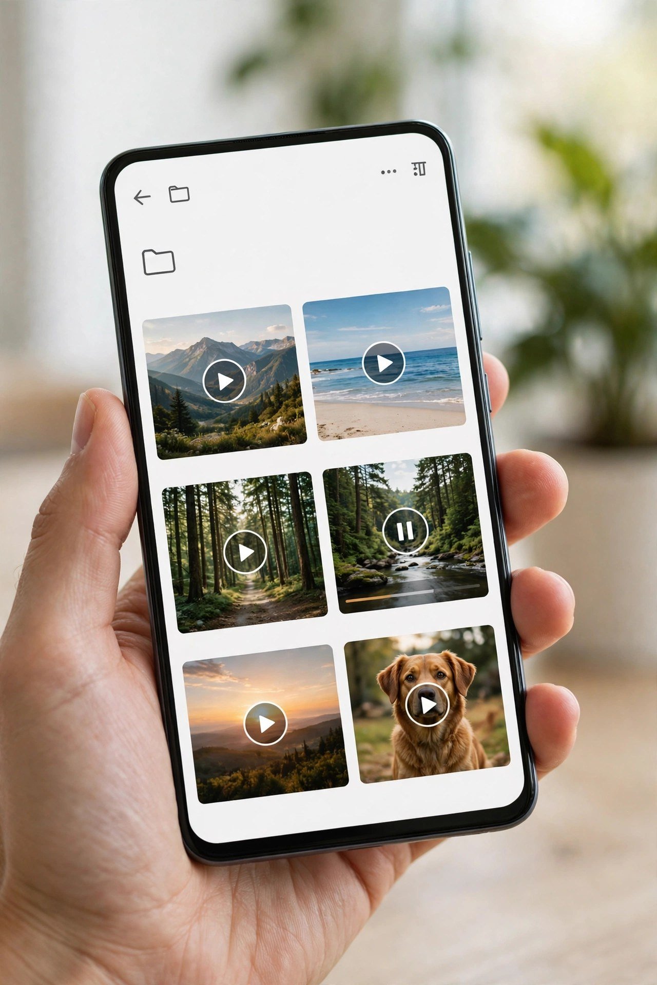 Android phone showing saved videos in a gallery grid