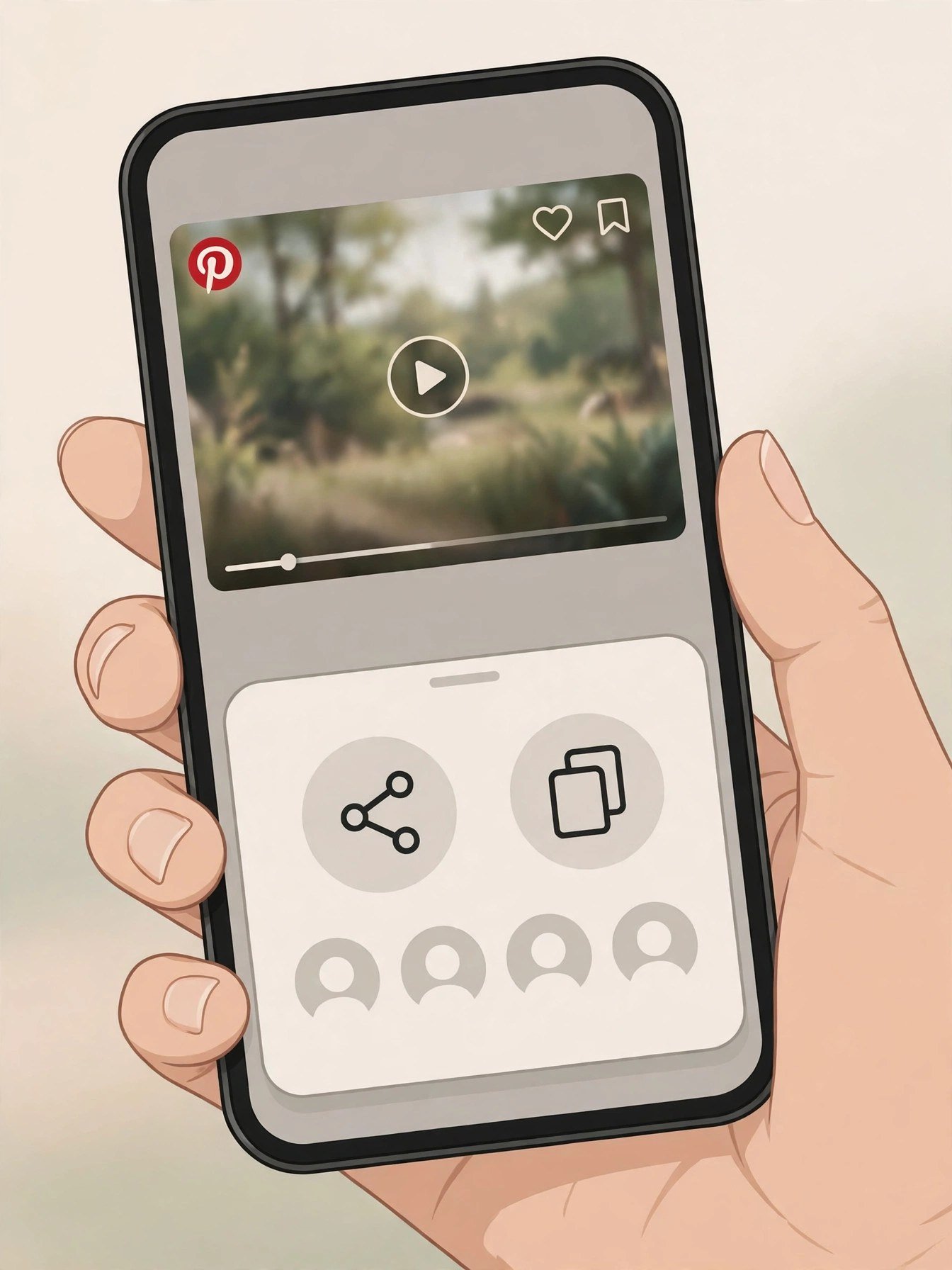 Phone showing a Pinterest video with the share and copy link menu open