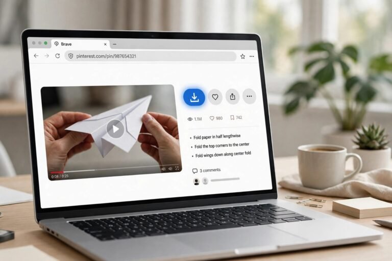Laptop showing a Pinterest video pin open in Brave browser, ready to download Pinterest videos on Brave