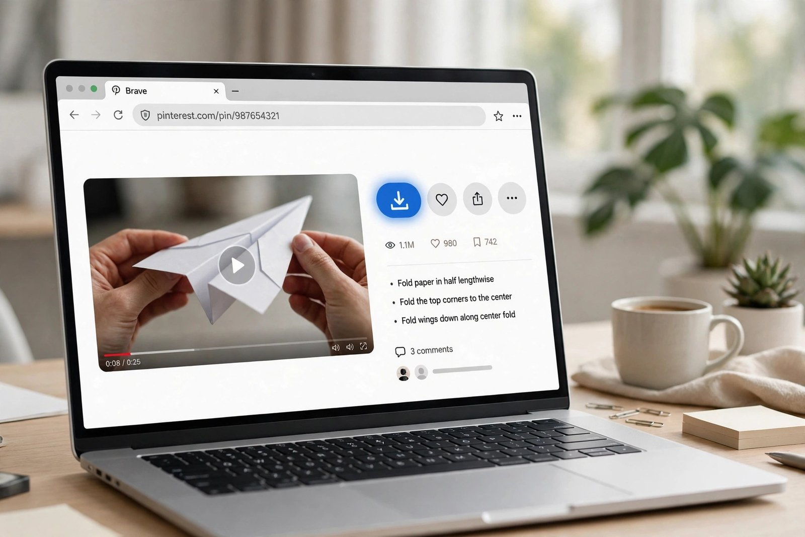 Laptop showing a Pinterest video pin open in Brave browser, ready to download Pinterest videos on Brave
