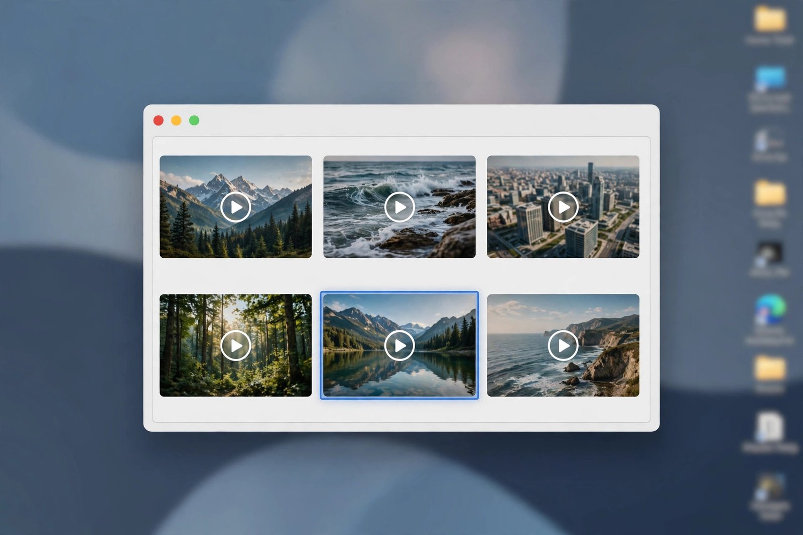 Downloads folder window showing saved video files with play buttons, one video selected