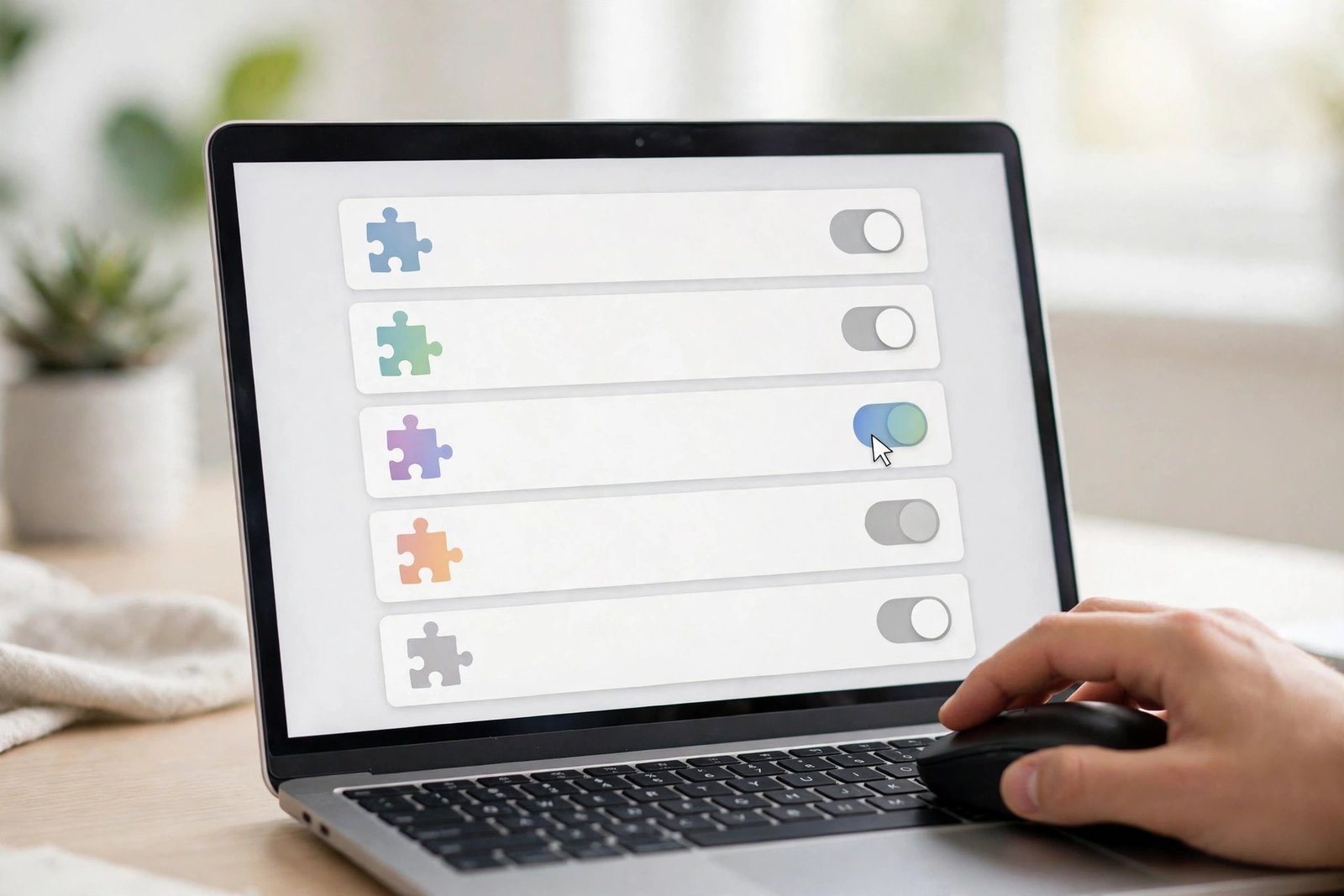 Laptop screen showing browser extension toggles with puzzle-piece icons, one toggle switched on
