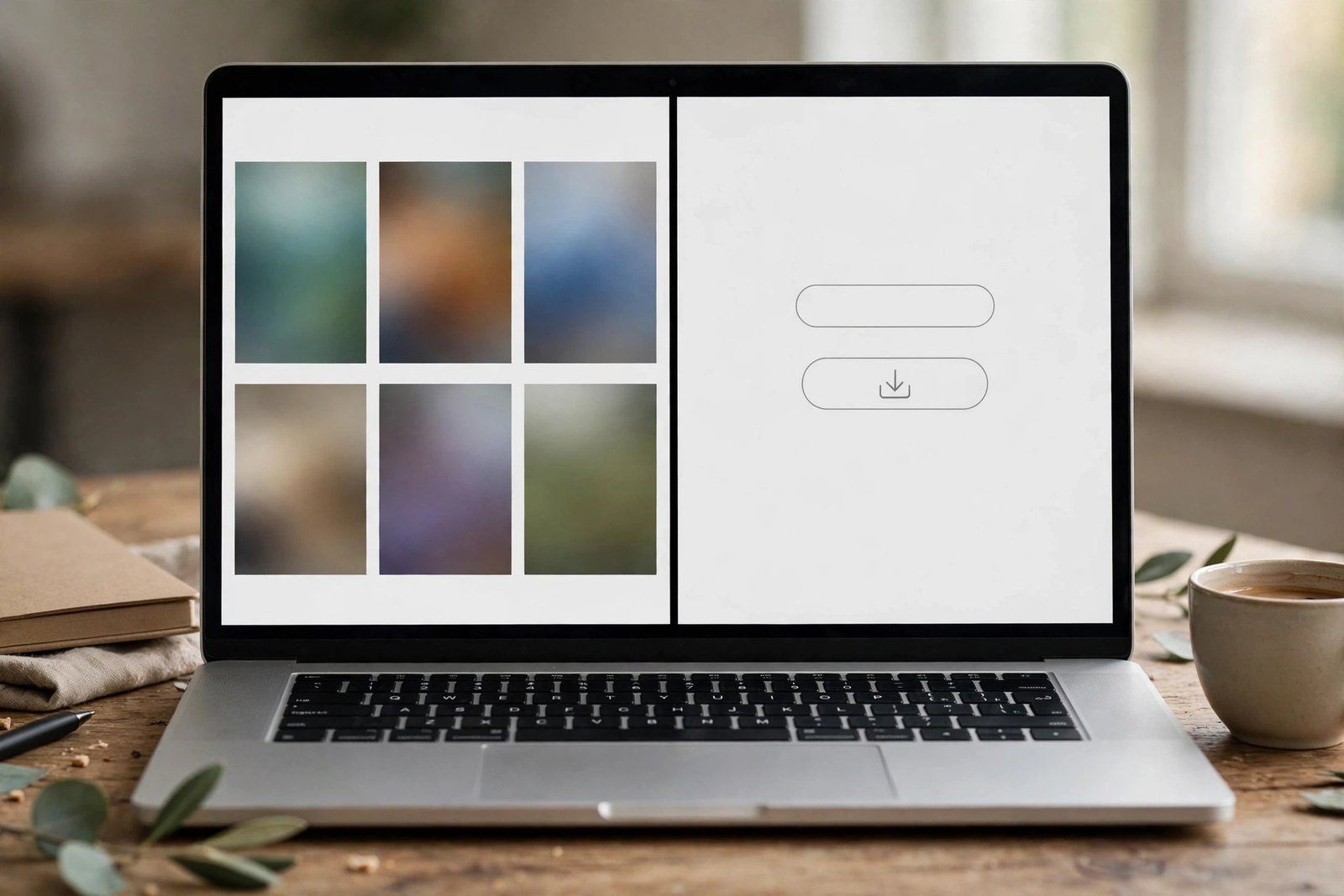 Laptop screen split into two browser panes, video thumbnails on the left and a download button on the right