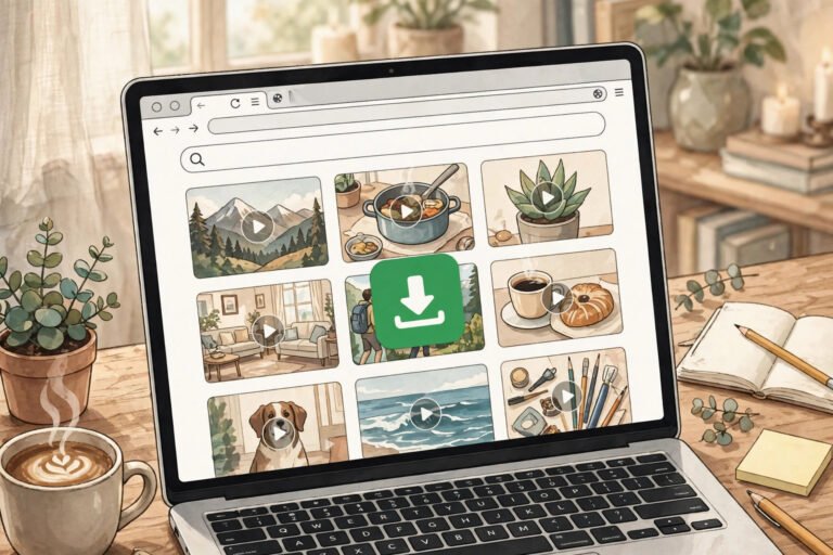 Laptop displaying Pinterest video pins with a large download button, Pinterest video downloader guide