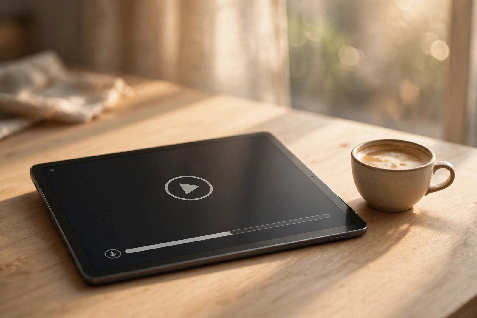 iPad on a wooden desk next to a coffee cup, its screen showing a video player with a download progress bar