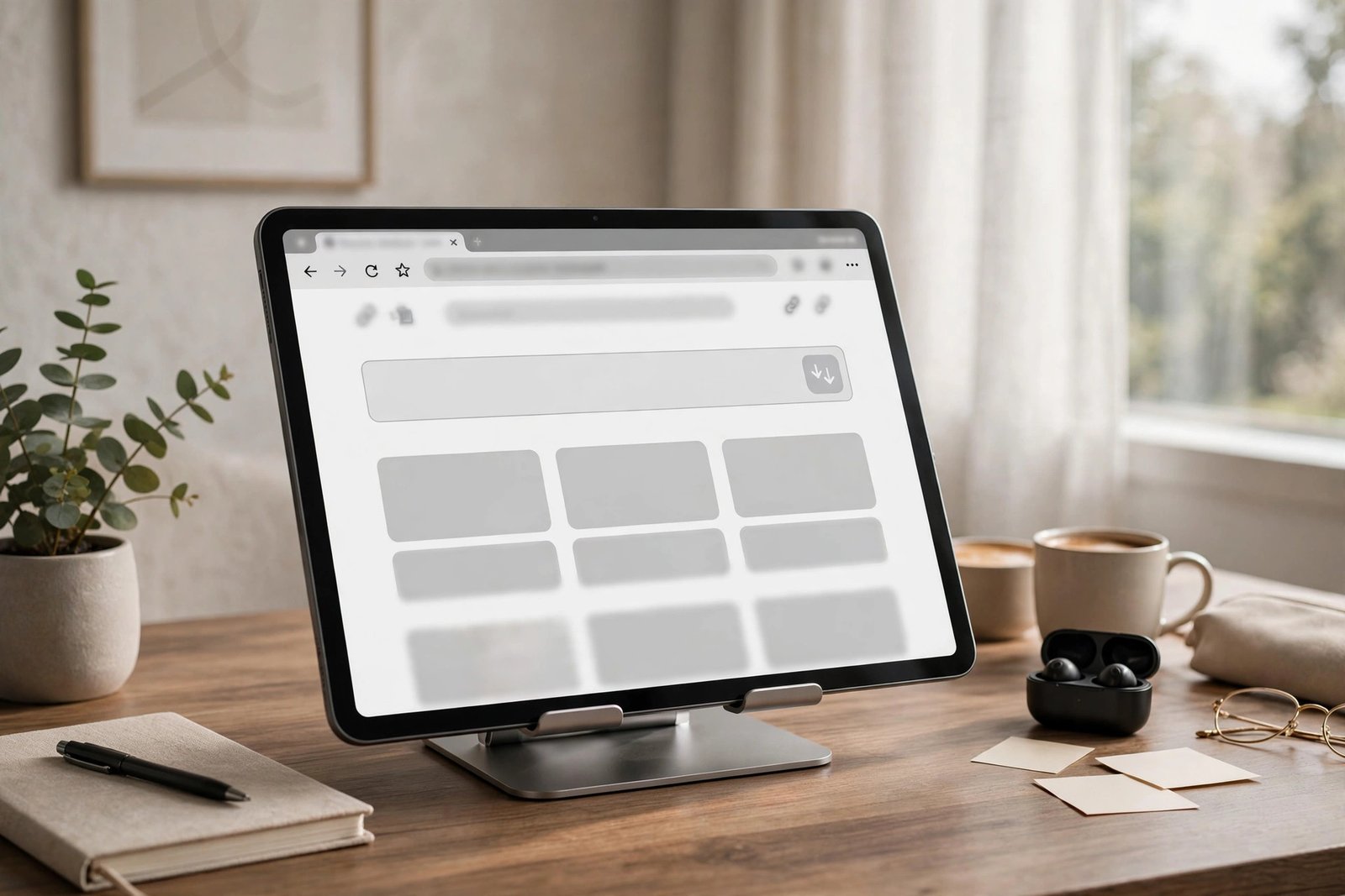 Tablet on a desk stand showing a web browser with a link-paste field and download button