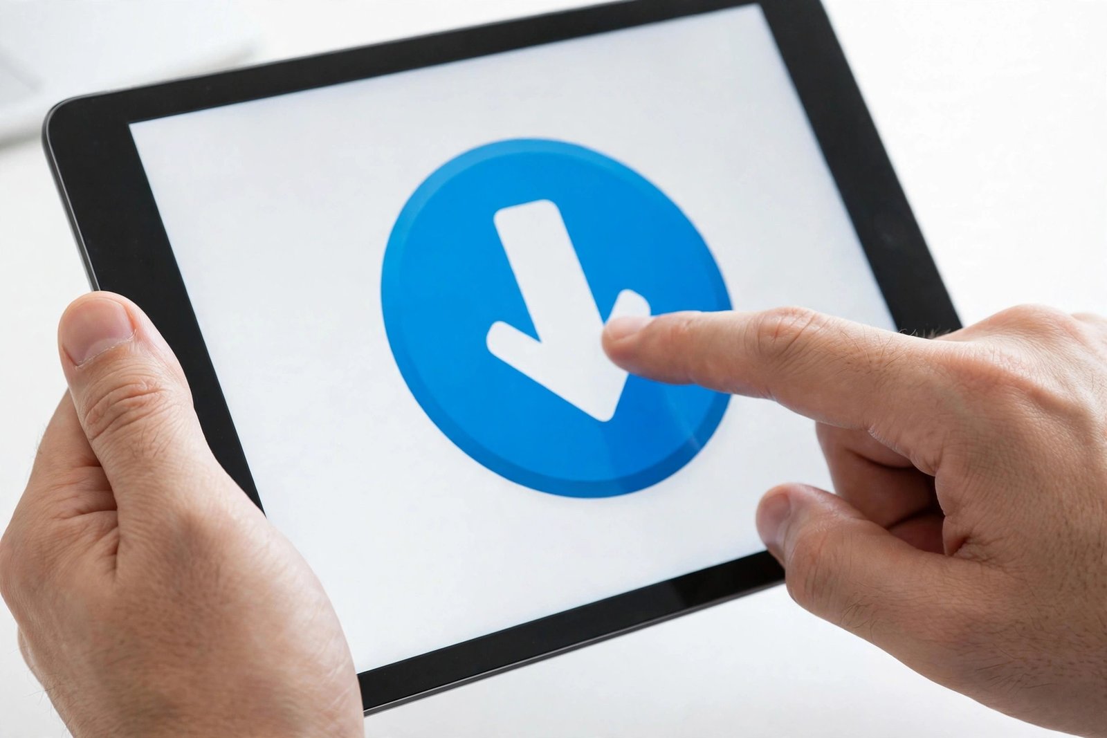 Hands holding a tablet while a finger taps a large blue download button on the screen