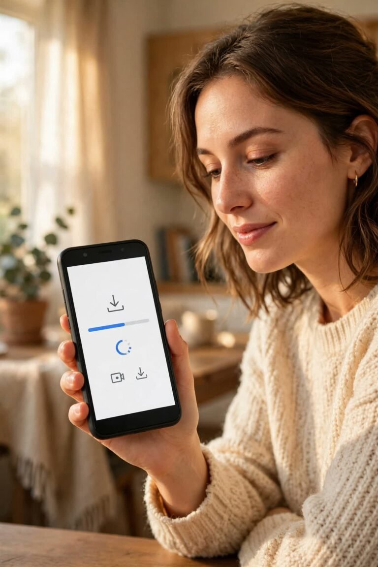 Woman holding a budget Android phone showing a video download in progress