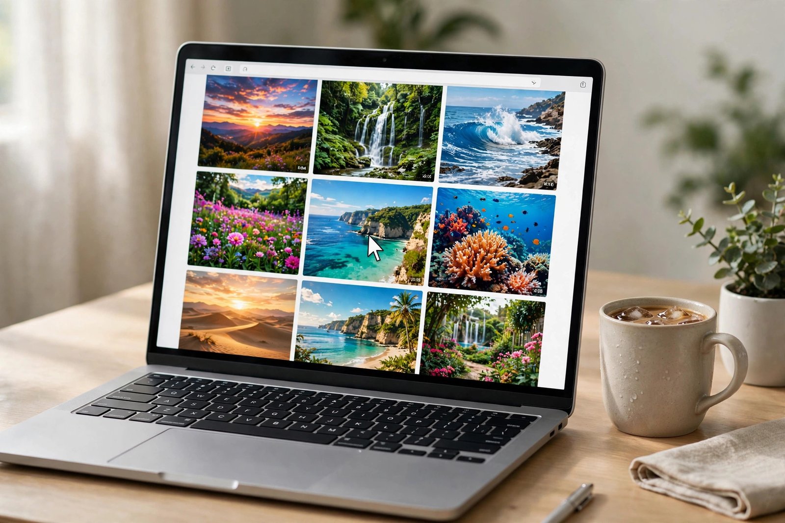 Laptop showing a grid of video thumbnails in a browser, with a cursor hovering over one video