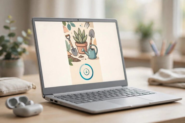 Chromebook-style laptop on a desk downloading a Pinterest video pin, with a download progress ring on screen