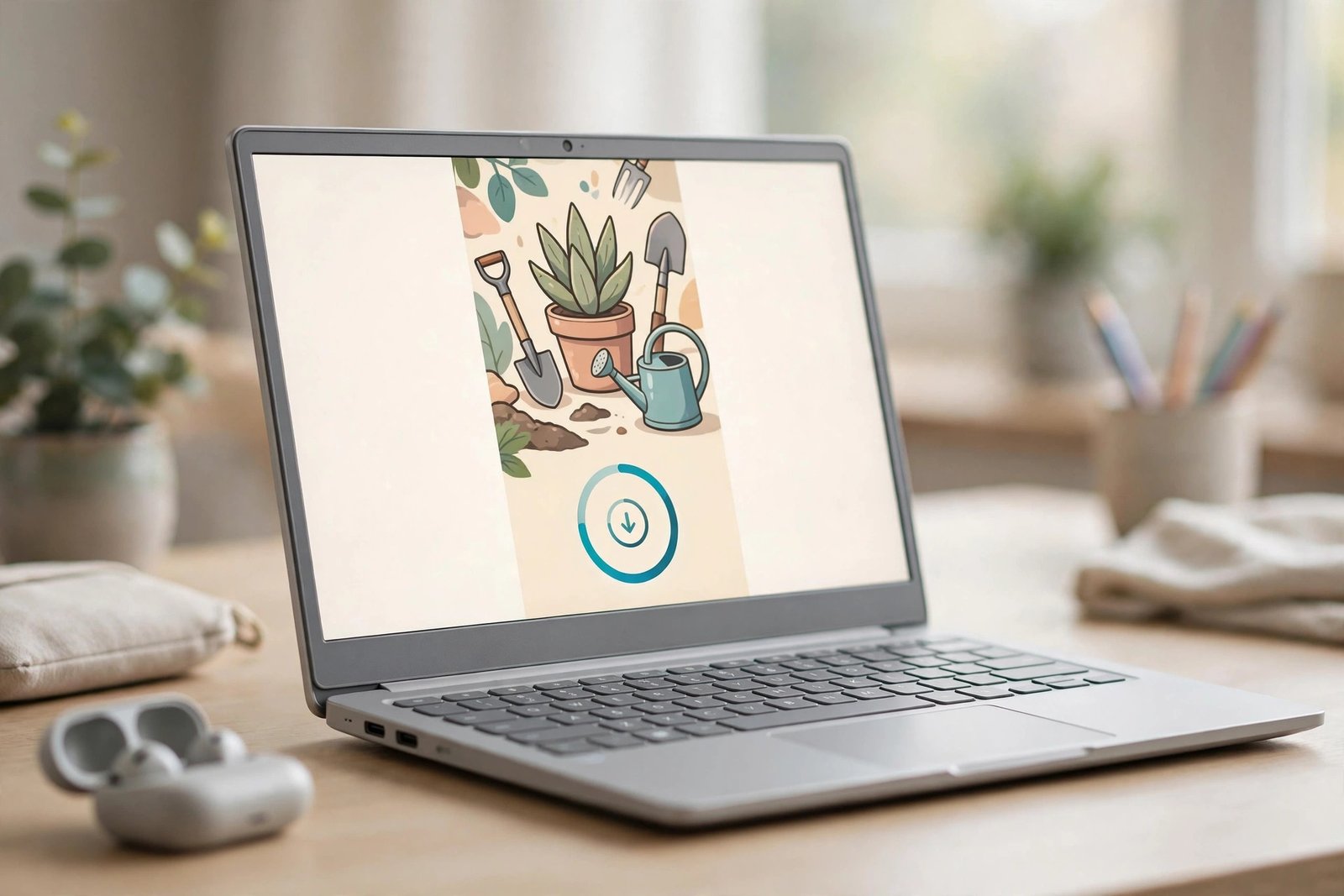 Chromebook-style laptop on a desk downloading a Pinterest video pin, with a download progress ring on screen