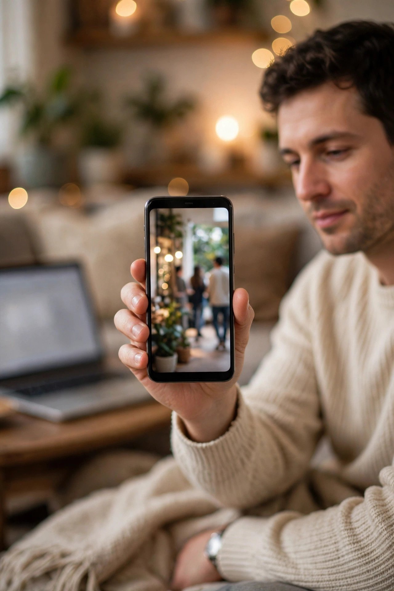 Person holding a smartphone showing a vertical video, with a laptop in the background