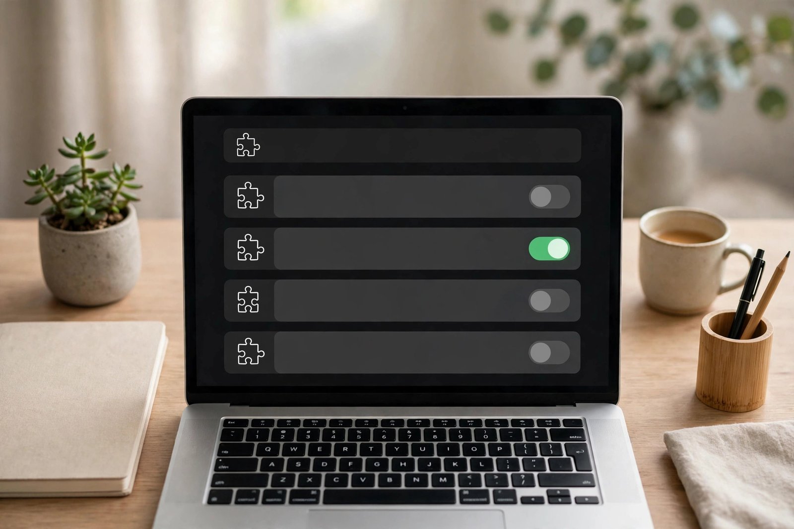 Browser extensions panel with puzzle-piece icons and one toggle switched on