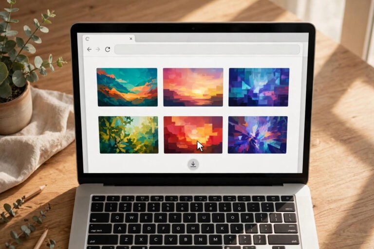 Pinterest video downloader guide illustration: laptop showing a grid of video thumbnails with a download button below them