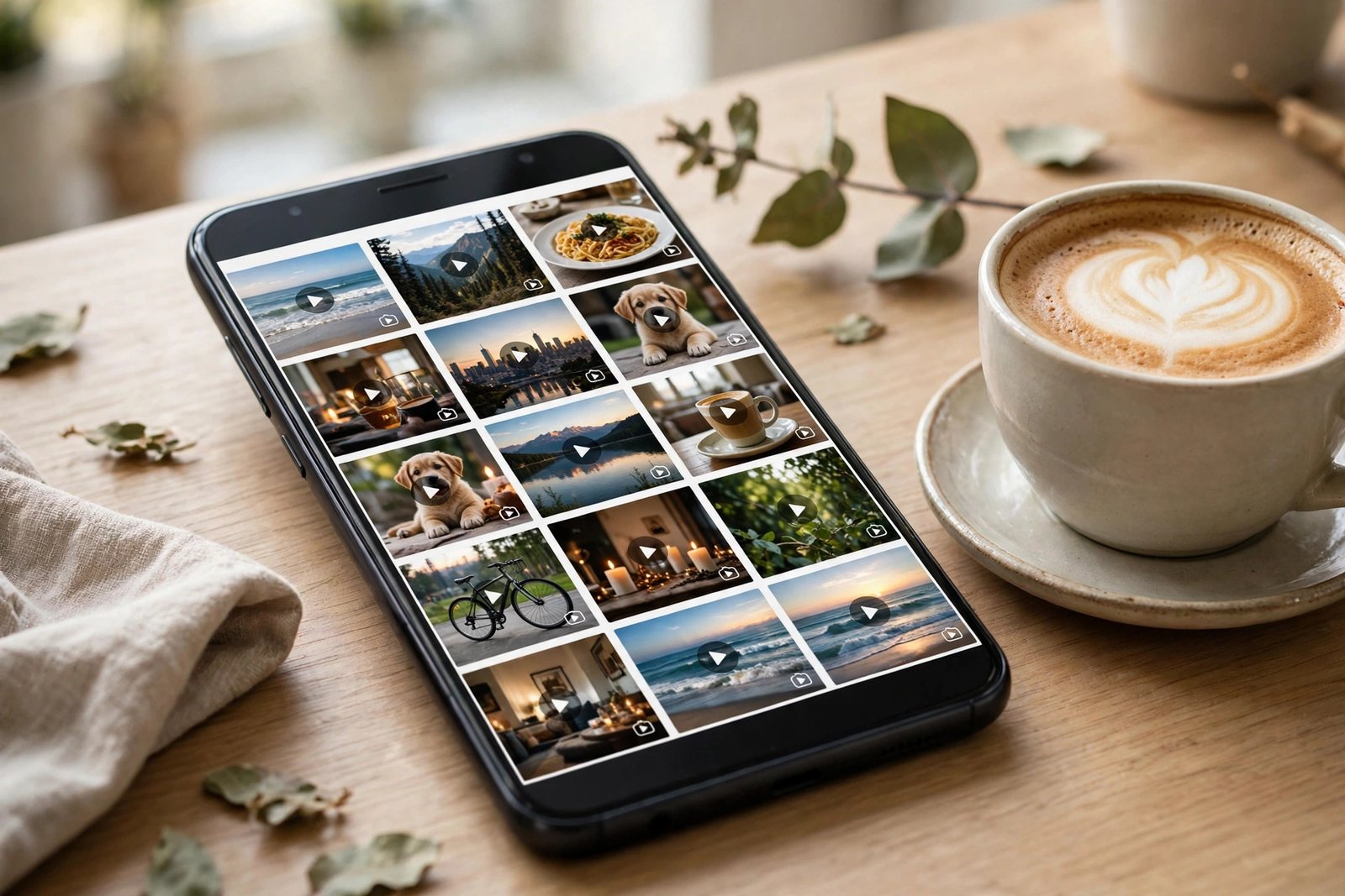 Phone lying on a table showing a gallery grid of saved video thumbnails next to a coffee cup