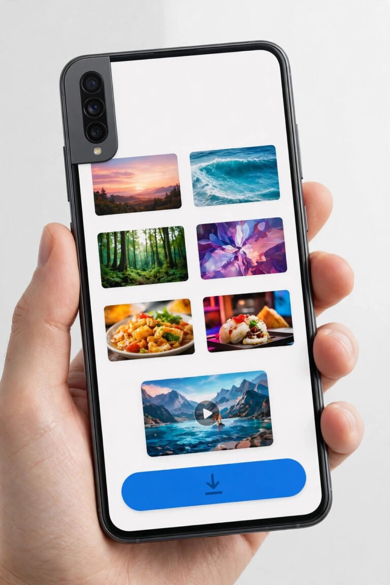 Pinterest video downloader guide illustration: hand holding a phone showing video pins with a large blue download button