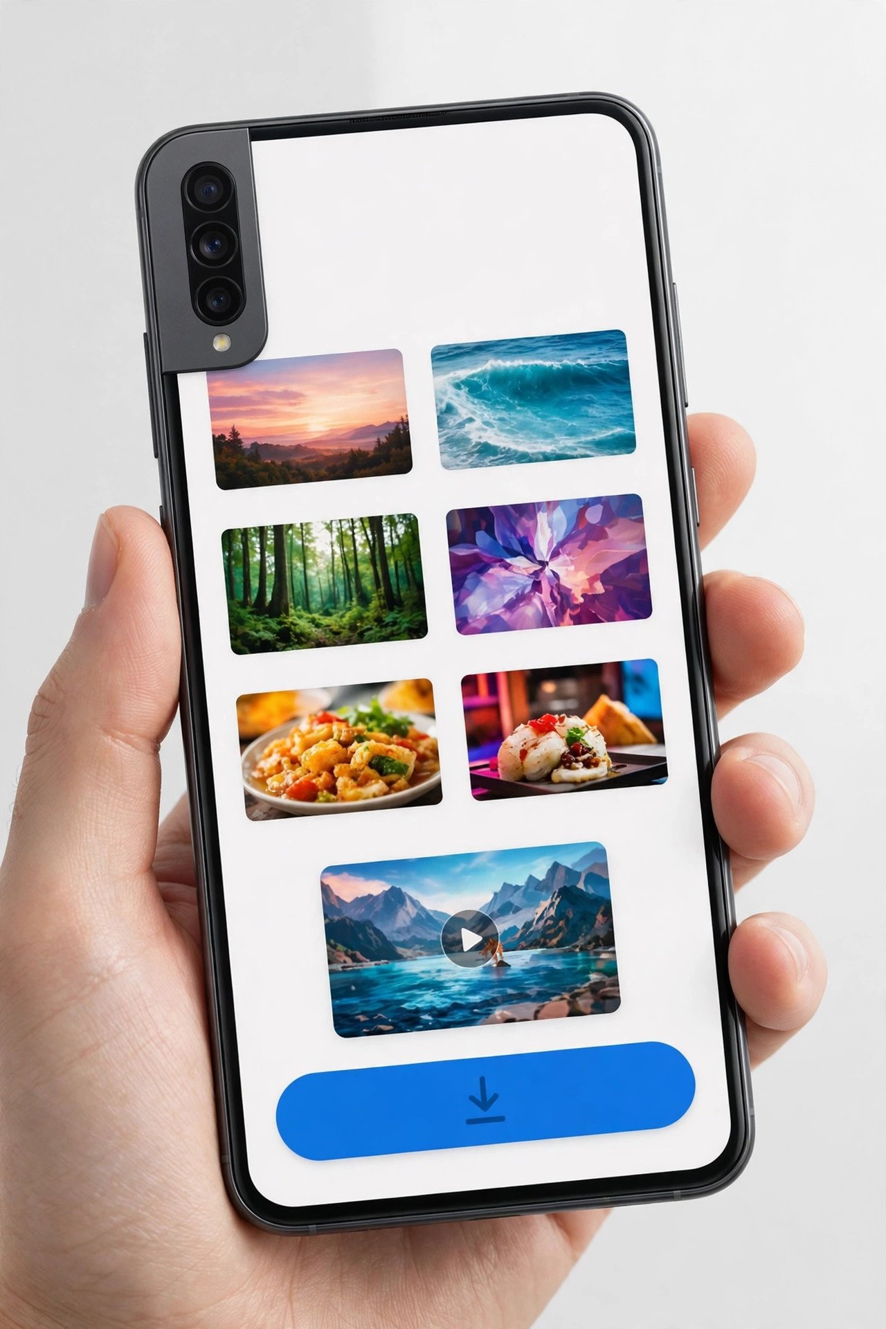 Pinterest video downloader guide illustration: hand holding a phone showing video pins with a large blue download button