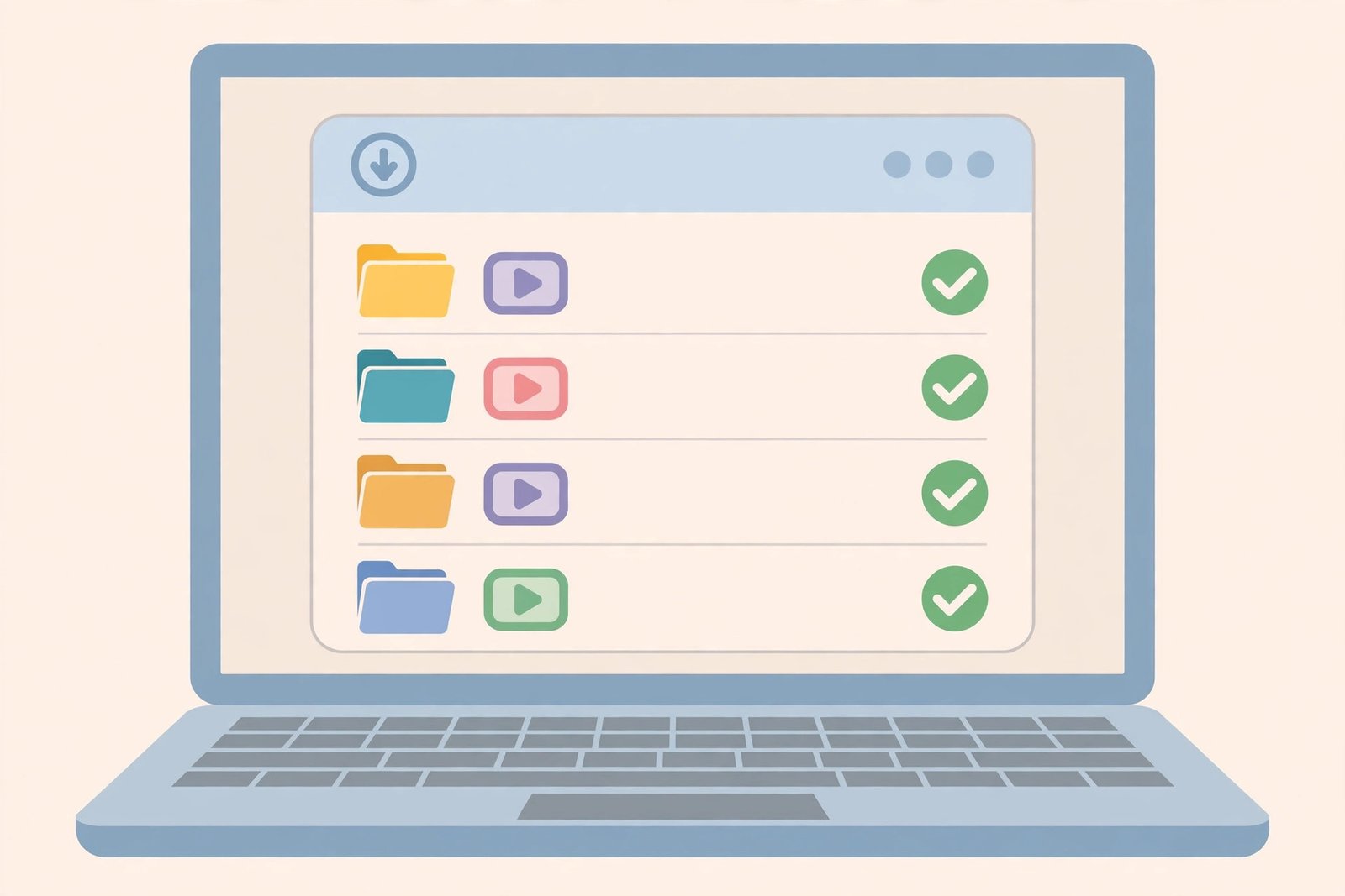 Vivaldi downloads panel on a laptop showing finished MP4 video downloads with folder icons
