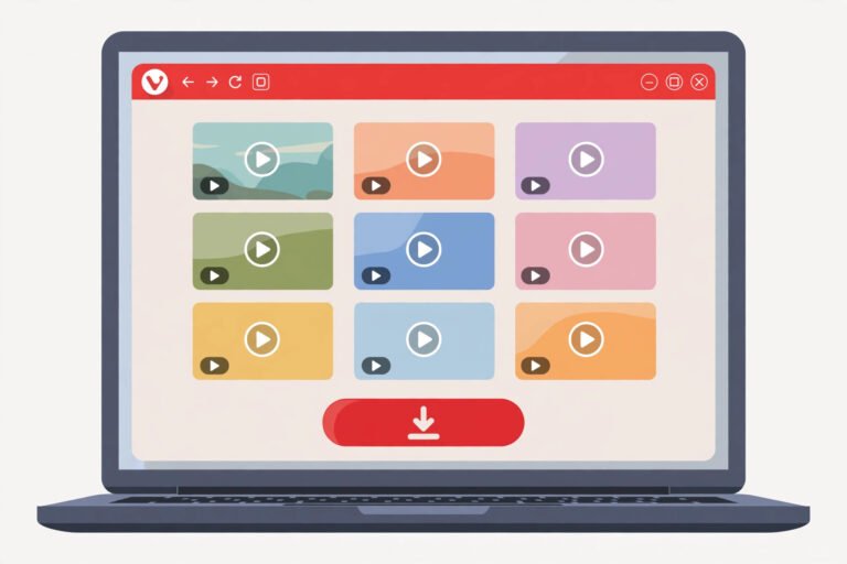 Pinterest video downloader guide illustration: Vivaldi browser window on a laptop showing video pins with a download button