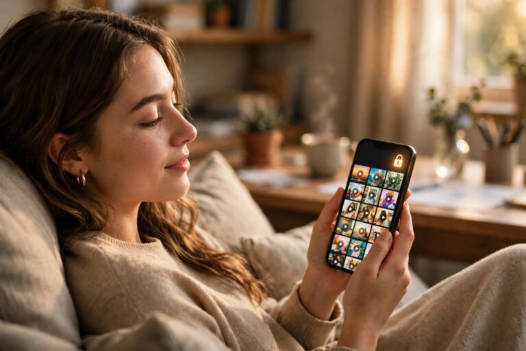 Woman on a couch viewing a private board of video pins marked with a padlock on her phone, the starting point for using a Pinterest video downloader