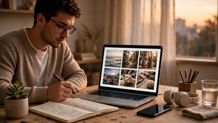Creator at a desk planning video ideas, laptop showing a grid of image thumbnails, notebook and phone beside it