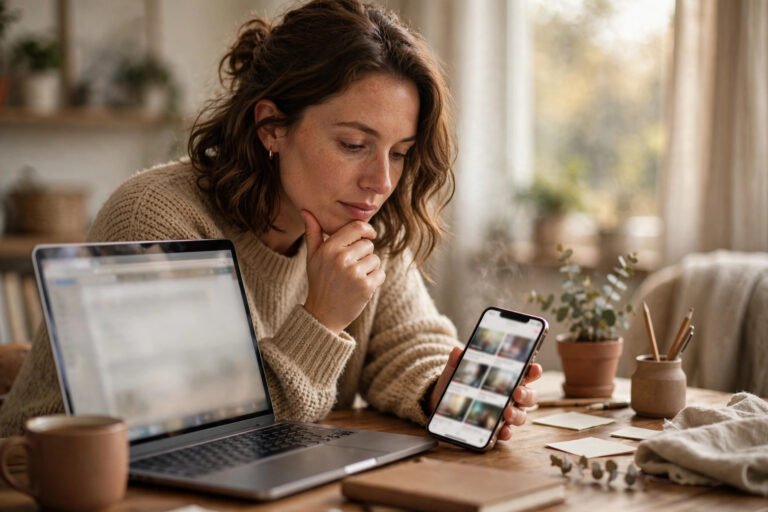 Woman at a home-office desk considering a phone showing a grid of short videos, laptop beside her