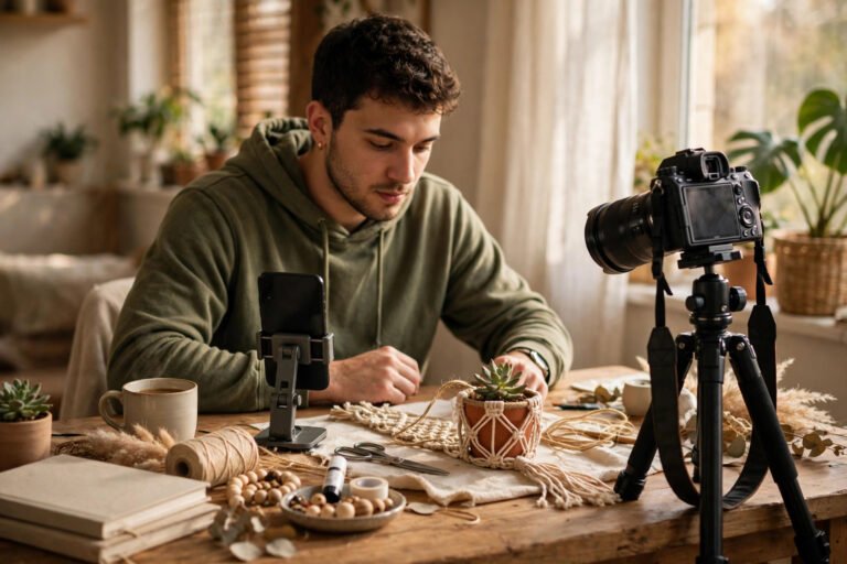 Creator filming an original craft tutorial with a camera on a tripod and a phone on a stand