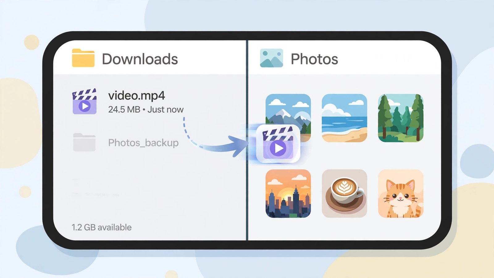 A phone screen split view showing a file manager Downloads folder on one side and a photo gallery grid on the other, with a video thumbnail moving between them.