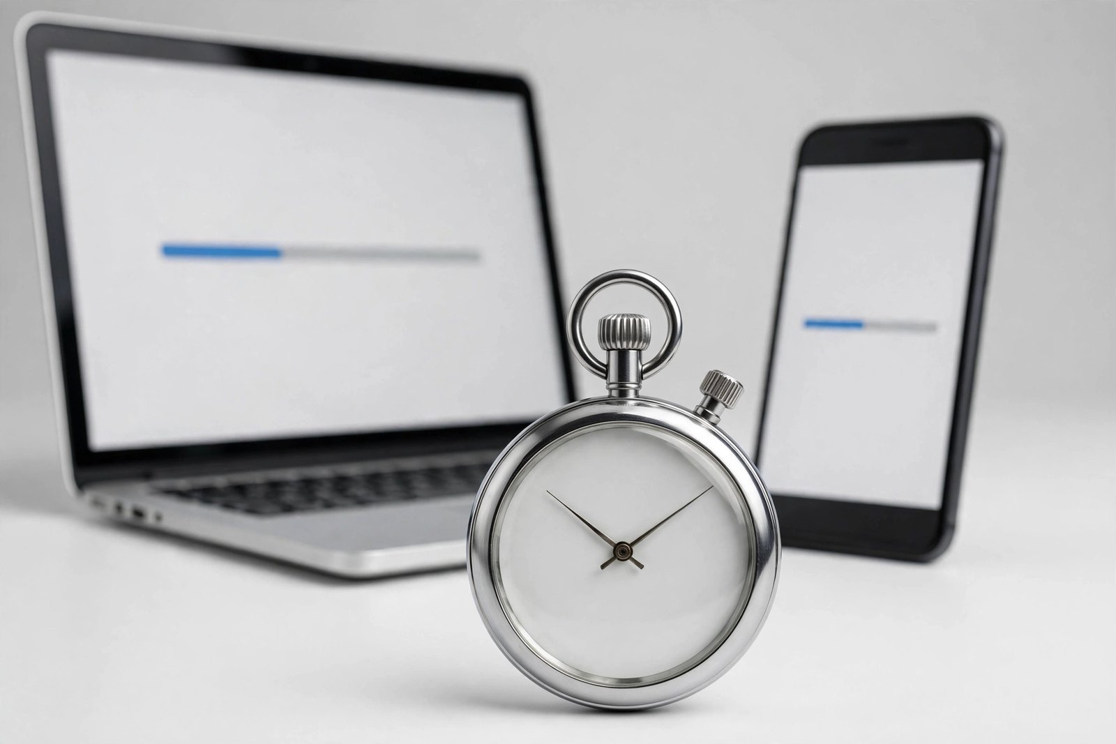 Stopwatch in front of a laptop and smartphone both showing download progress bars