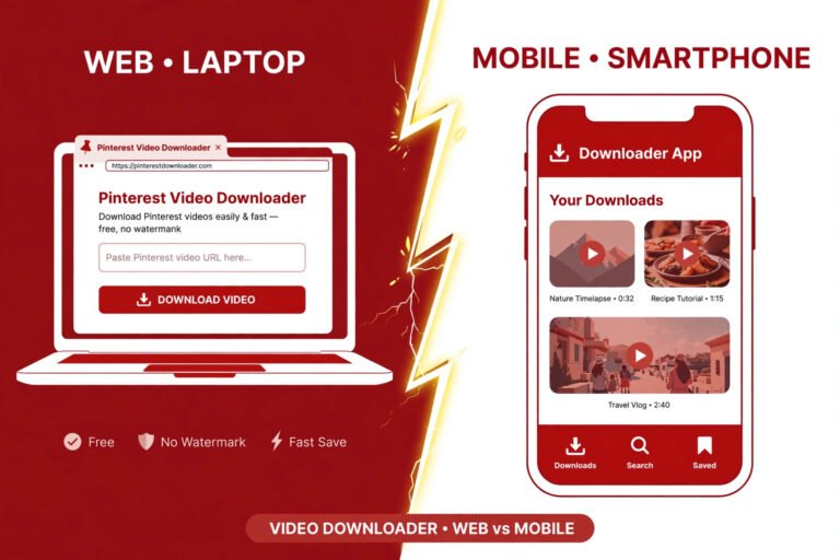 Split illustration comparing an online Pinterest video downloader on a laptop with a downloader app on a smartphone