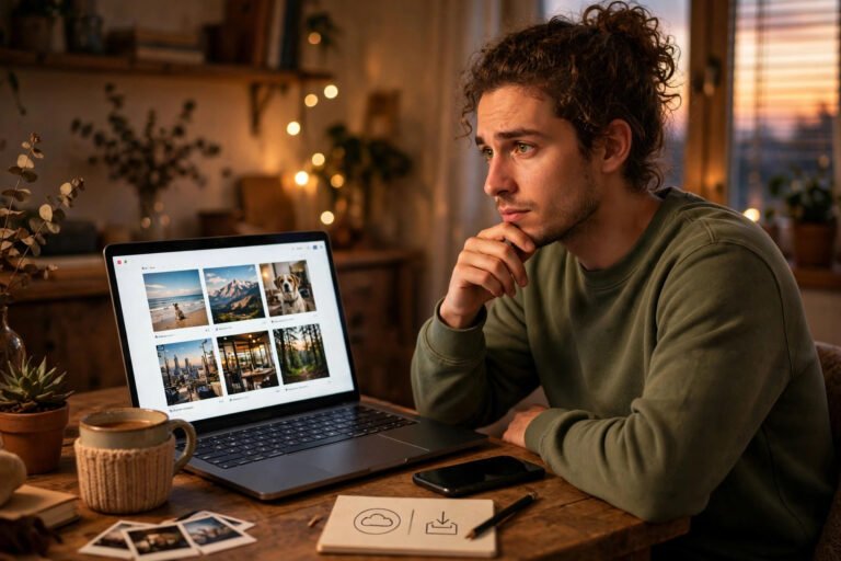 Person at a desk with a laptop showing a photo grid, a phone beside it, and a notebook sketched with cloud and download icons