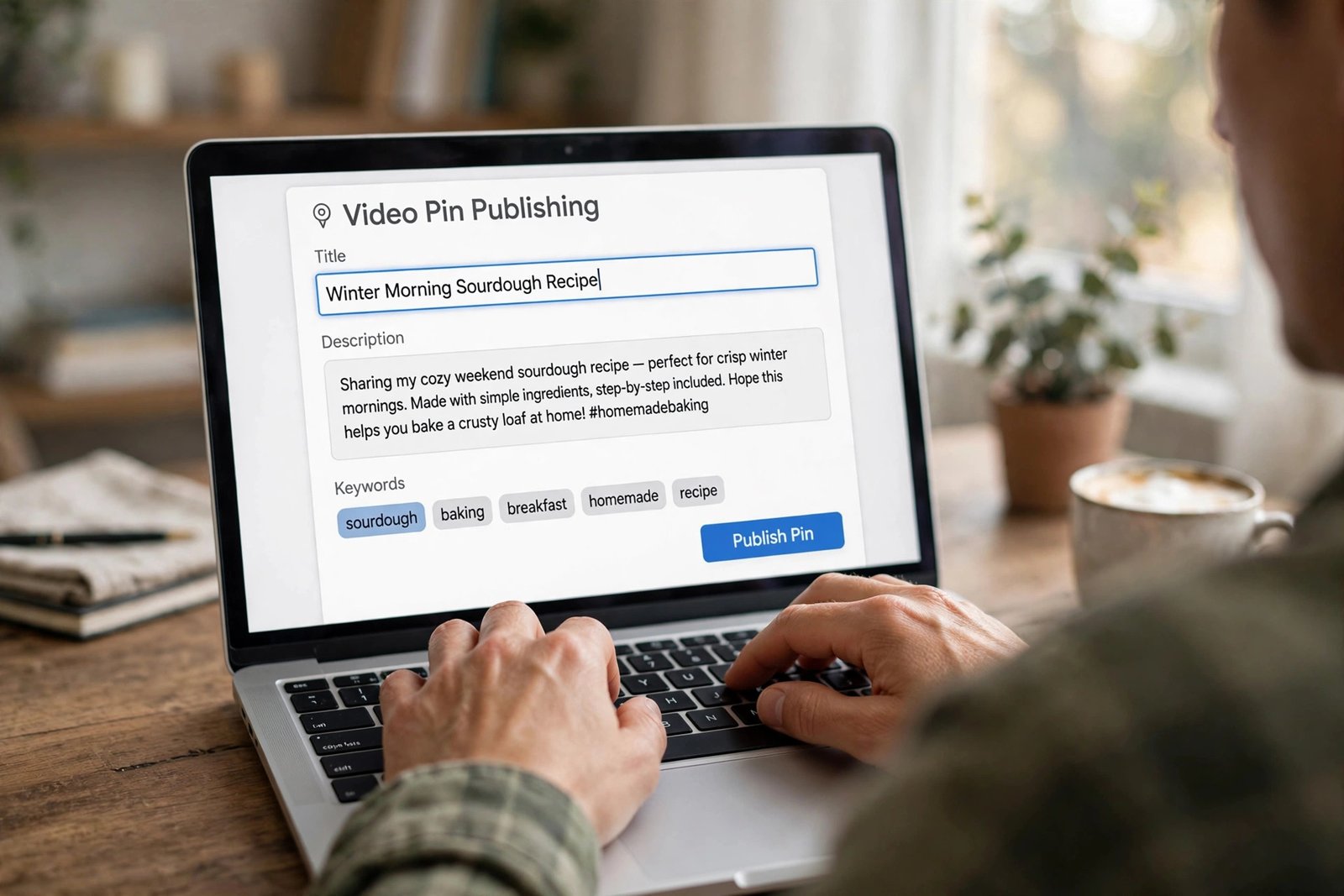 Over-the-shoulder view of hands typing on a laptop showing a video pin publishing form with a title field, description box, and keyword tags.