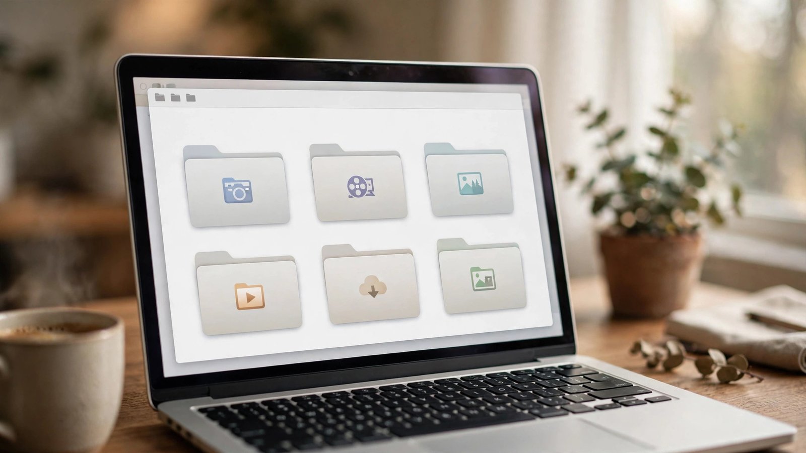 Laptop showing neatly organized labeled folders of downloaded photos and videos on a home-office desk