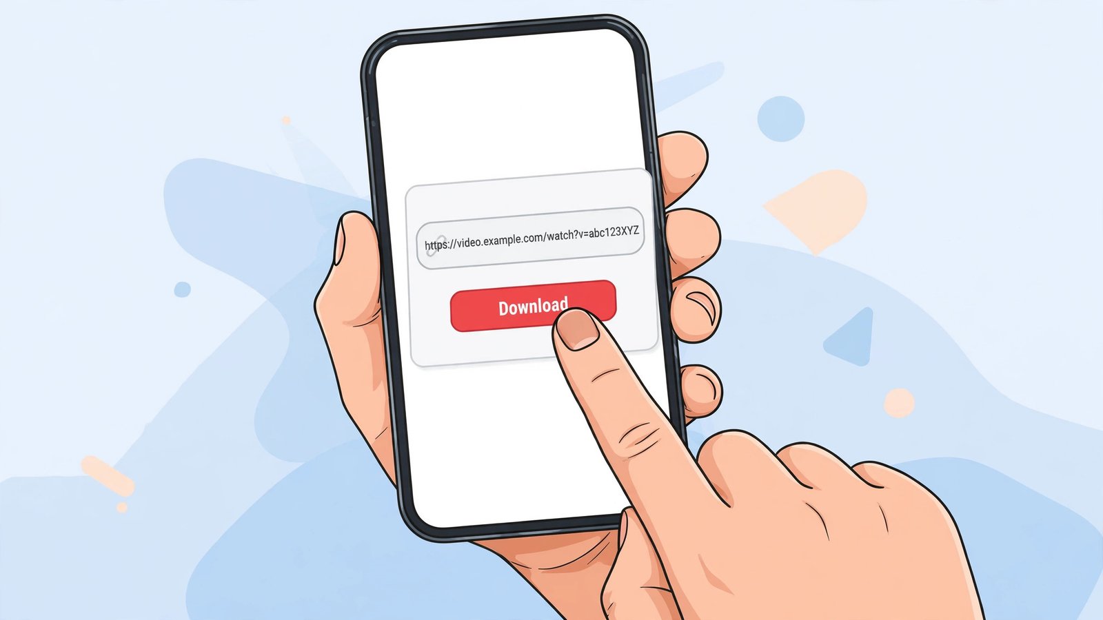 A hand holding a phone showing an online video downloader webpage with a video link pasted into the URL field and a finger tapping a red Download button.