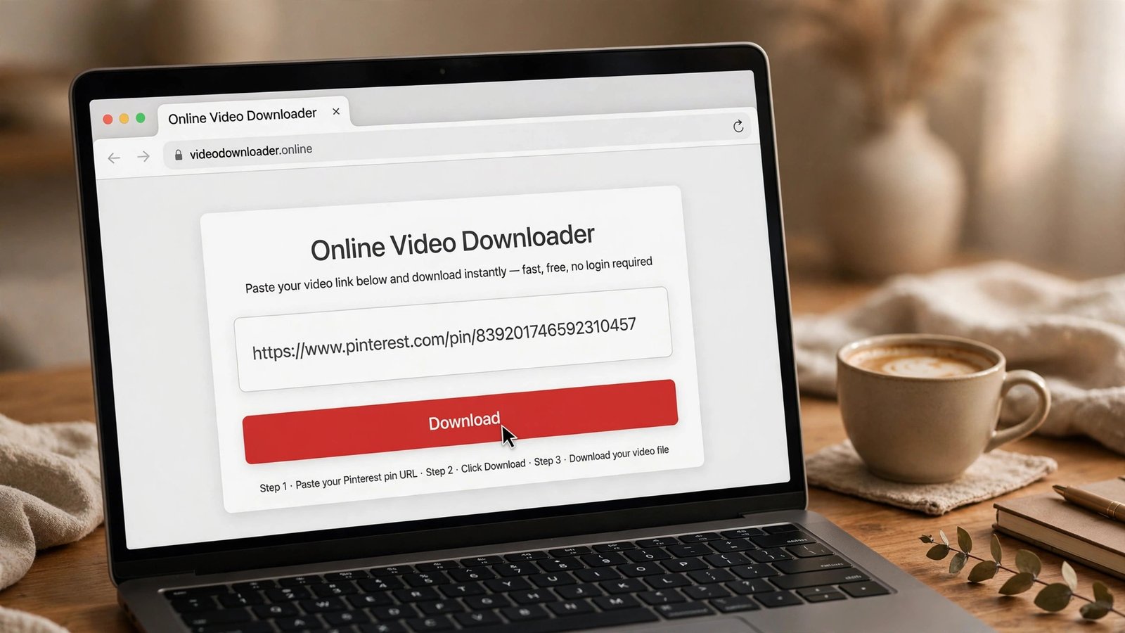 Close-up of a MacBook screen showing an online video downloader webpage with a video URL pasted into a large input field and a cursor clicking a red Download button, with macOS Safari browser chrome visible.