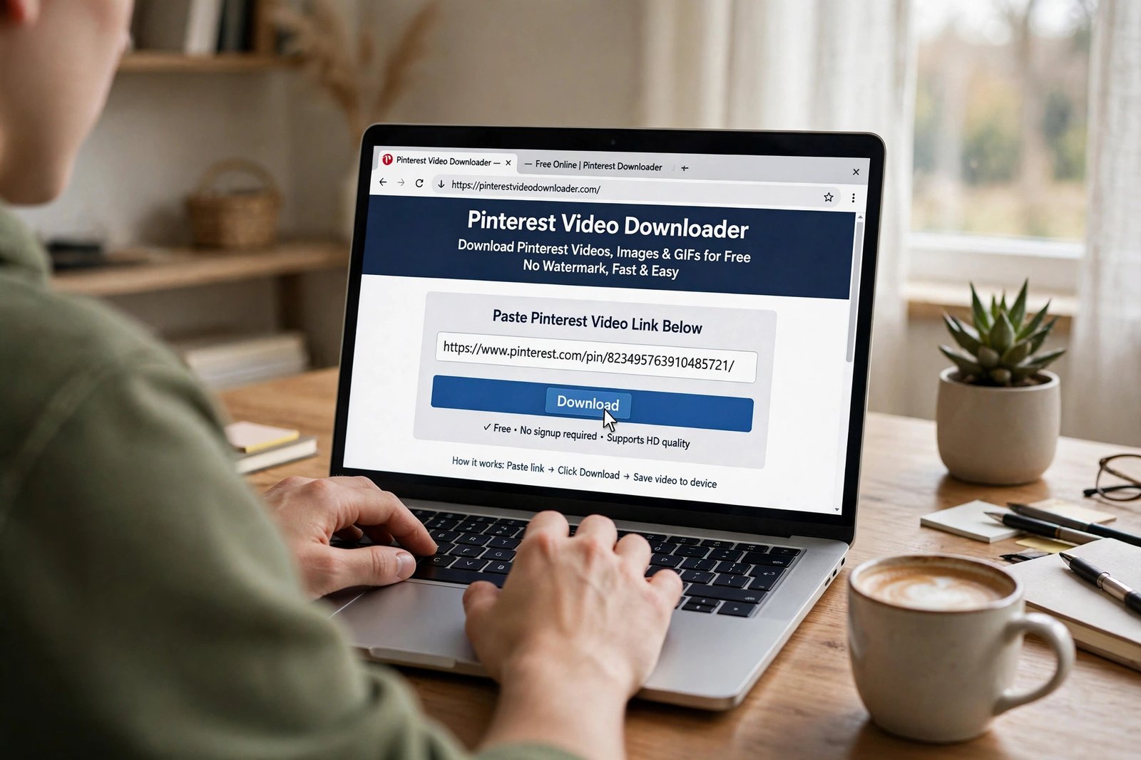 Pasting a Pinterest pin link into an online Pinterest video downloader on a laptop and clicking the download button